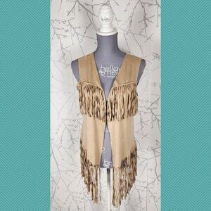 Vero Moda Beige Faux Suede Fringe Open Front Vest Cardigan